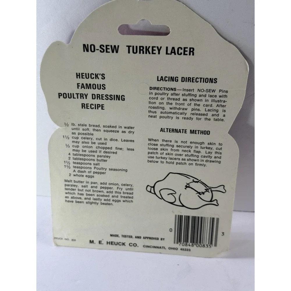 Vintage M.E. Heuck Co No-Sew Turkey Lacer Kit 6 Pins Twine Recipe New Old Stock